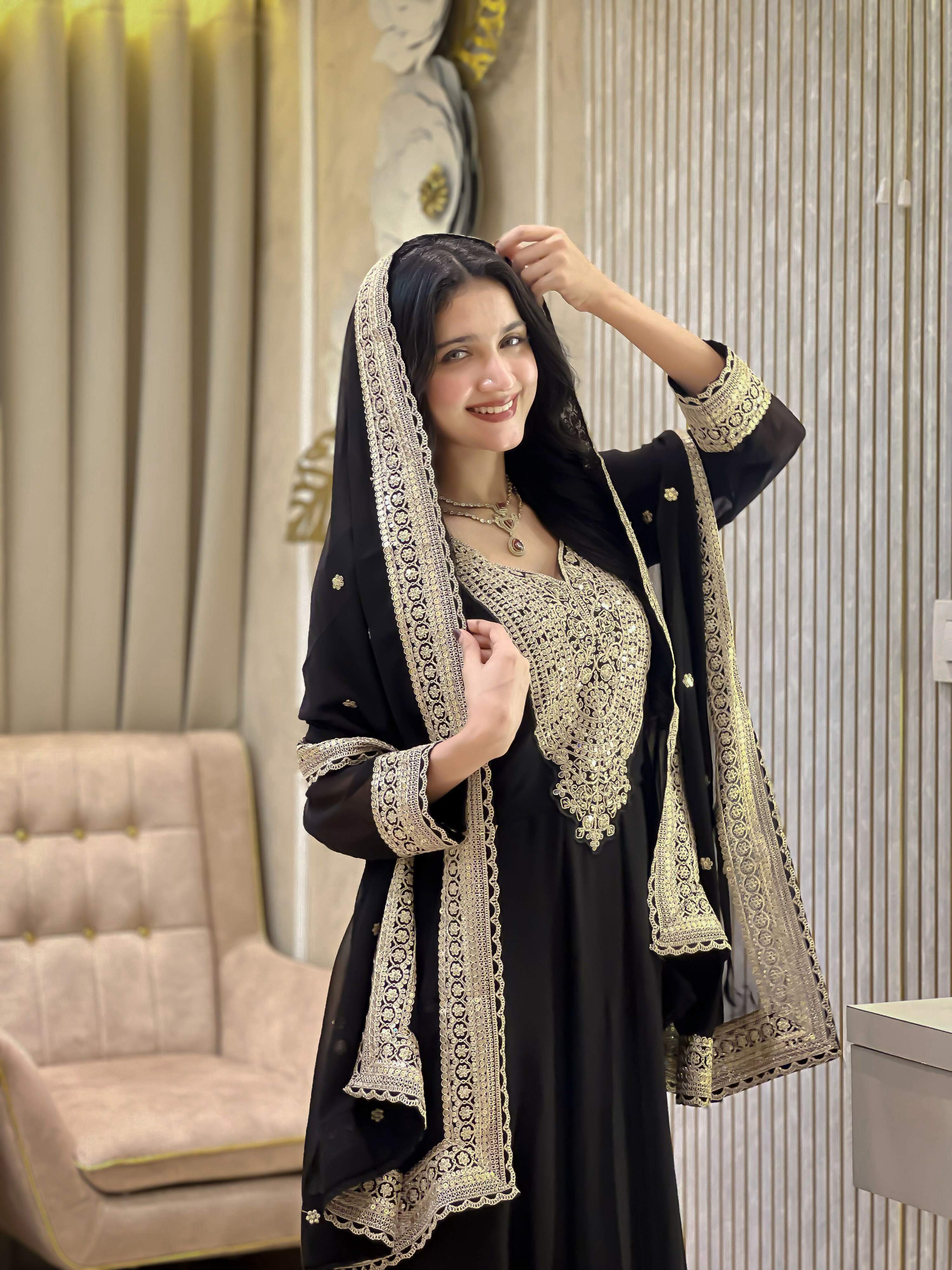 Teeya Creation Black Color Faux Georgette Embroidery Work Long Party Wear Gown | Grocsy