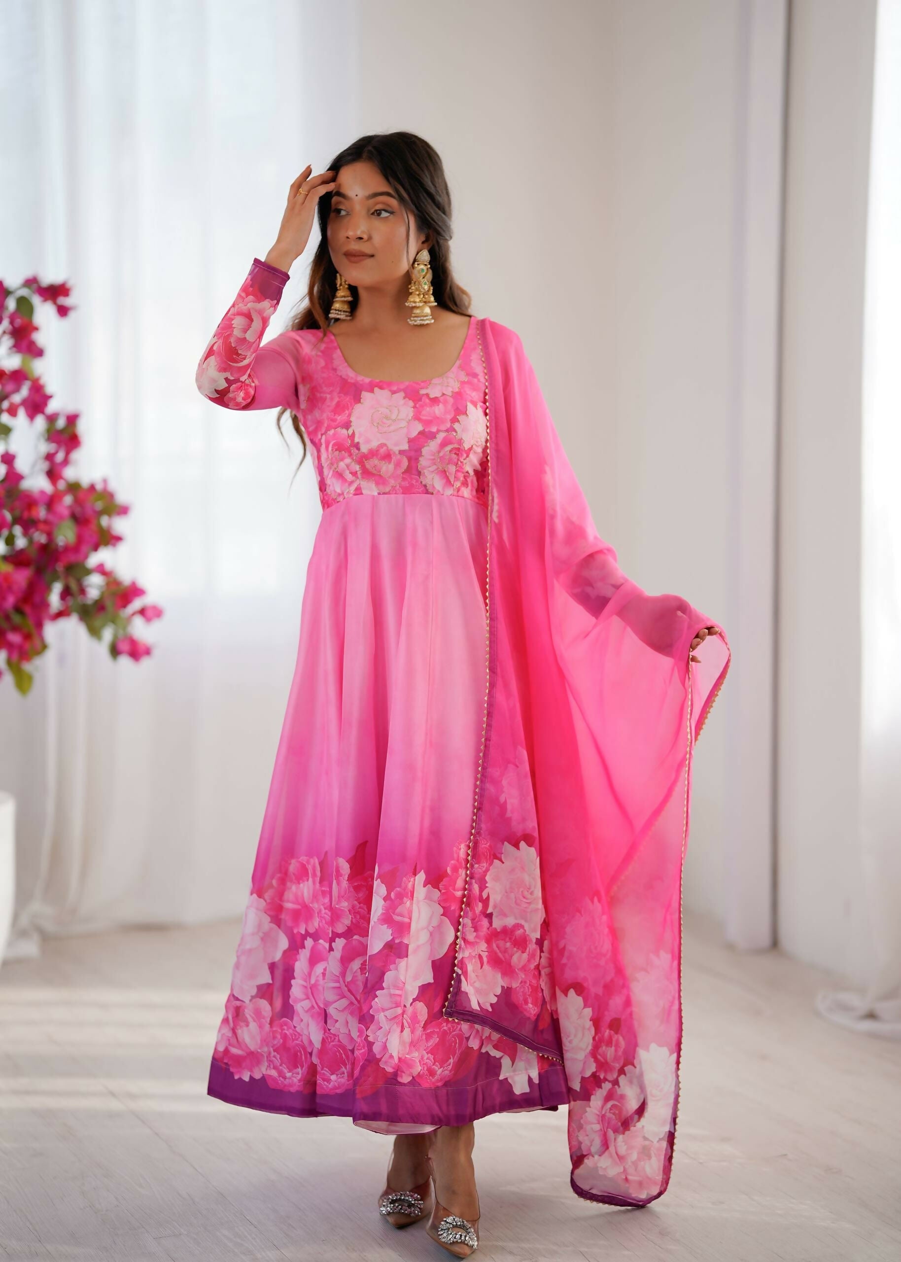 Teeya Creation Womens New Organza Soft Taby Silk Heavy Quality Fabric With Digital Print Pink Gown Set | Grocsy