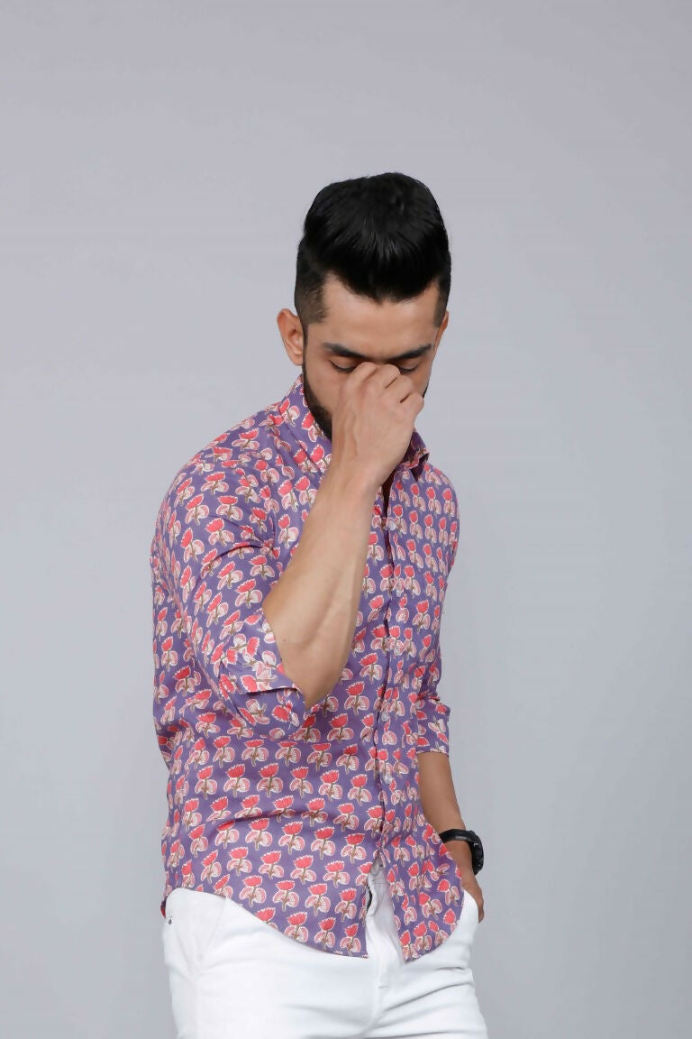 Miravan Men's Purple Floral Design Stylish Casual Cotton Shirt | Grocsy