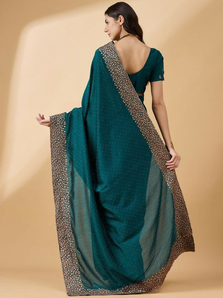 Teal Silk Blend Embroidered Saree with Unstitched Blouse - Vairagi | Grocsy