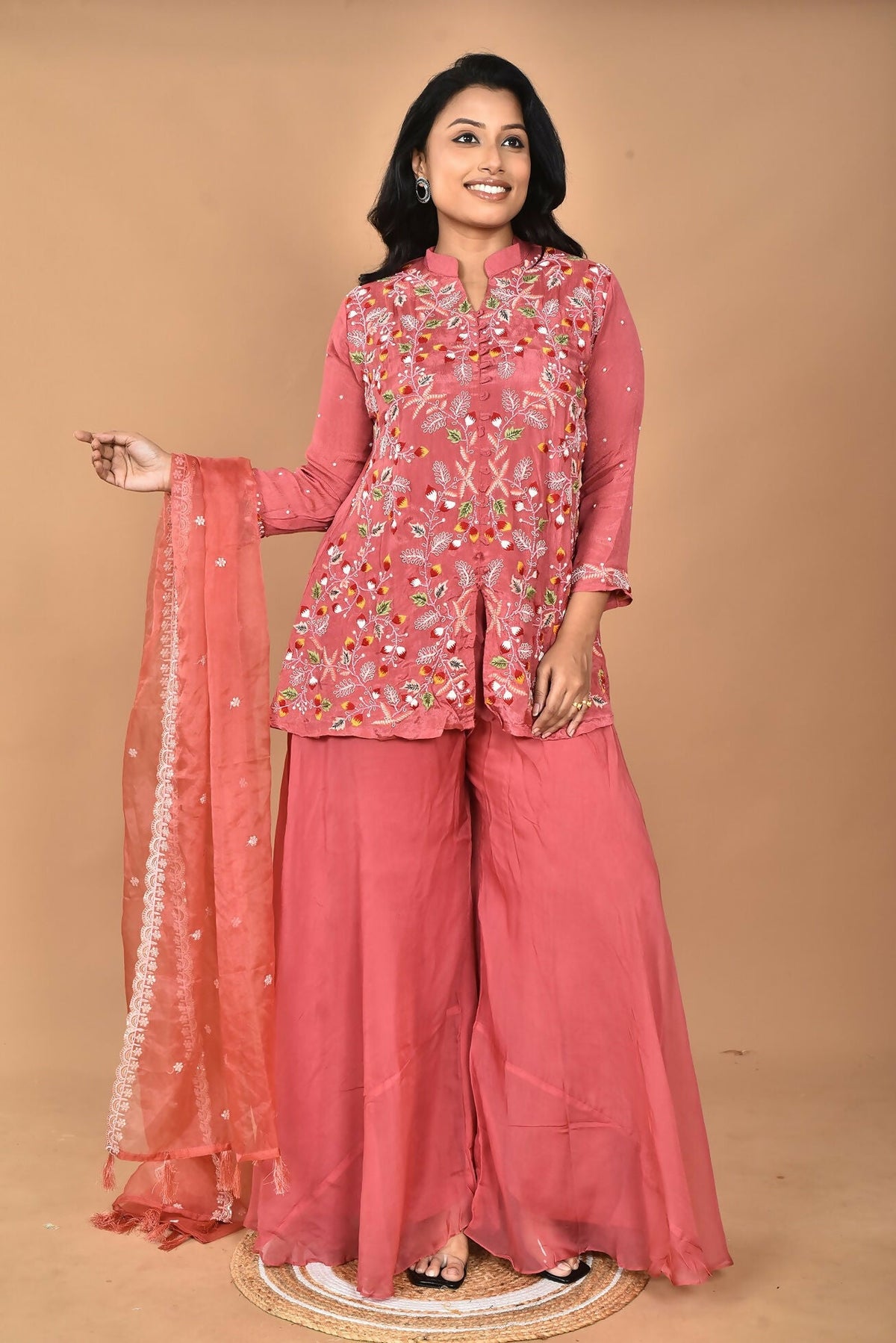 Morchari Women And Hand Embroidery Palazzo Set-Rust | Grocsy