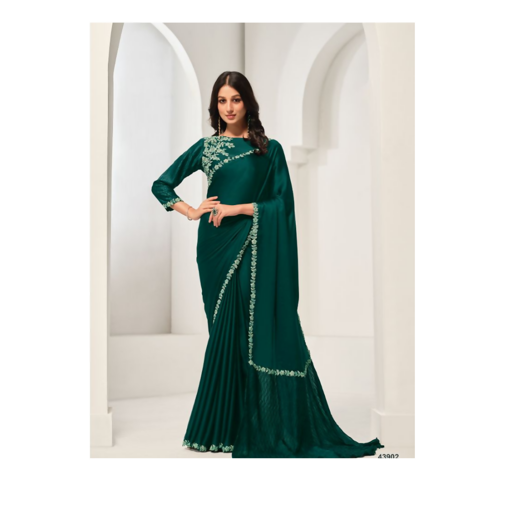 Green Crepe Satin Silk Handwork Saree with Unstitched Blouse - Norita Saanjh | Grocsy