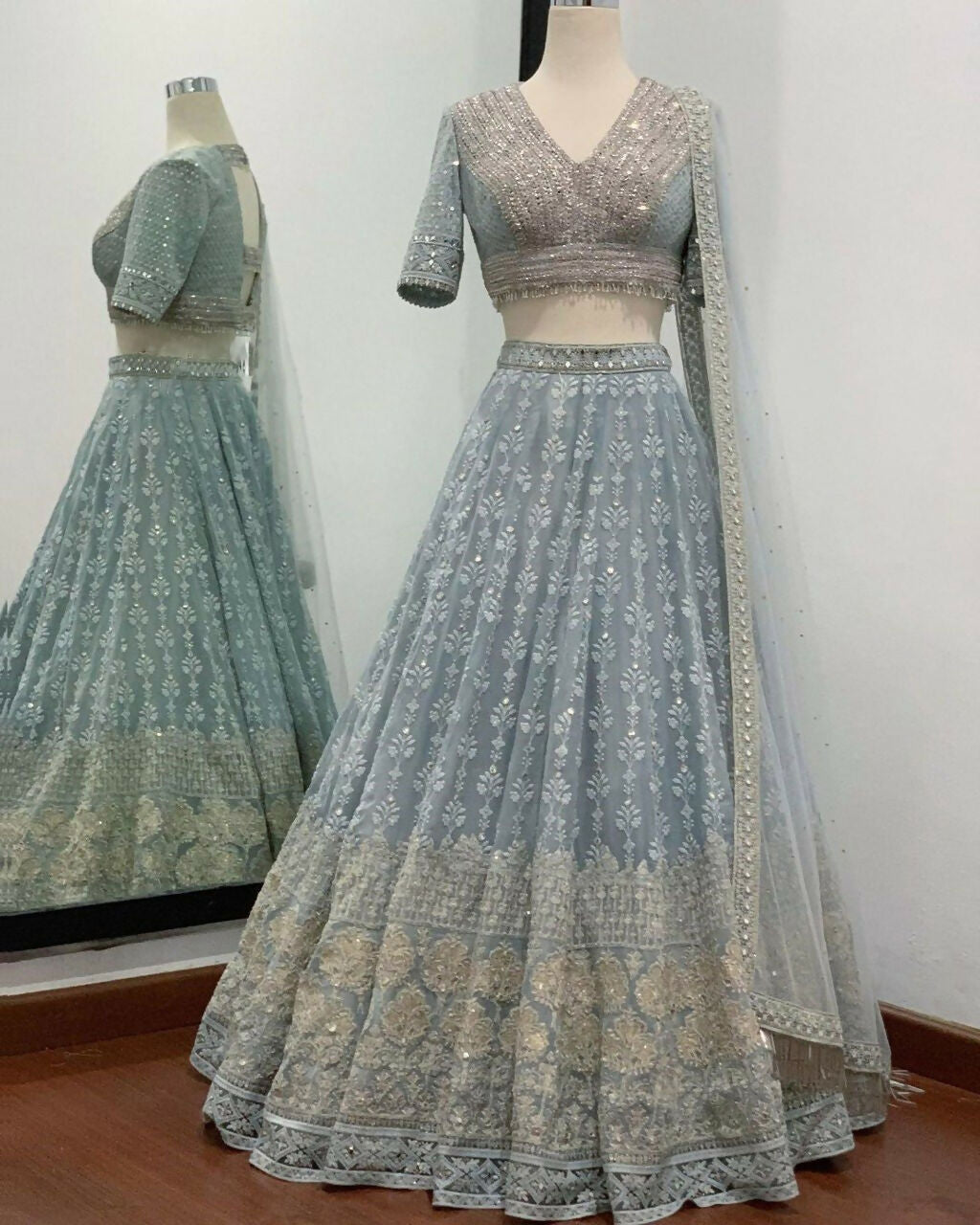 Jyoti Fashion Mesmerizing Grey Faux Georgette 3MM Sequins with Thread & Jari Embroidery Lehenga Choli with Dupatta | Grocsy