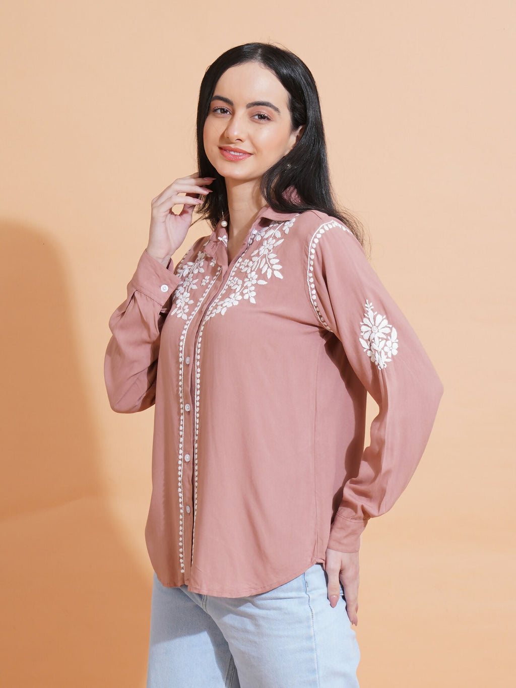 Pahnaz Modal Chikankari Handwork Shirt-Brown | Grocsy