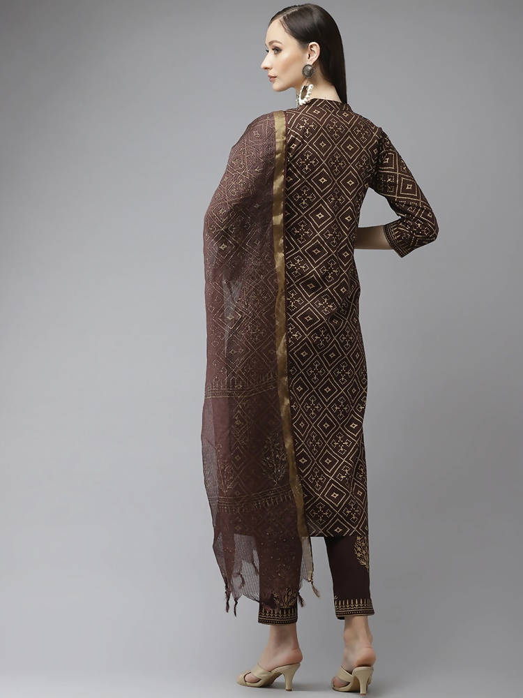 Yufta Women Brown Printed Panelled Beads and Stones Pure Cotton Kurta with Trouser & With Dupatta | Grocsy