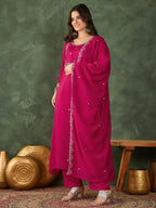 The52 Women's Gorgeous Embroidery Work Vichitra SIlk Fabric Flared Kurta Pant and Dupatta Set | Grocsy