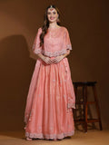 Peach Silk Embroidered Poncho Pattern Top & Lehenga with Dupatta - Tanya | Grocsy
