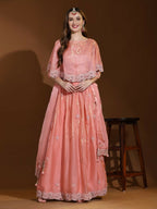 Peach Silk Embroidered Poncho Pattern Top & Lehenga with Dupatta - Tanya | Grocsy