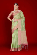 Green Soft Organza Woven Design Saree With Unstitched Blouse Piece - Zaara | Grocsy