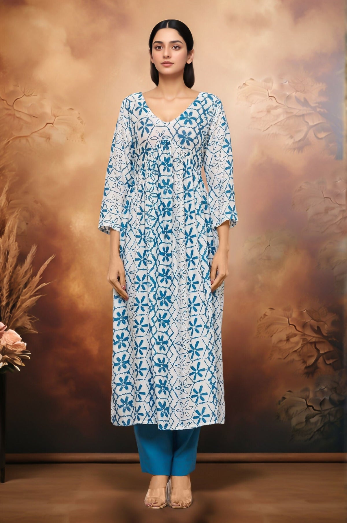 Joban Fashion White Based Blue Geometric Floral Printed Riyon Kurti With Contrast Palazzo Pant | Grocsy