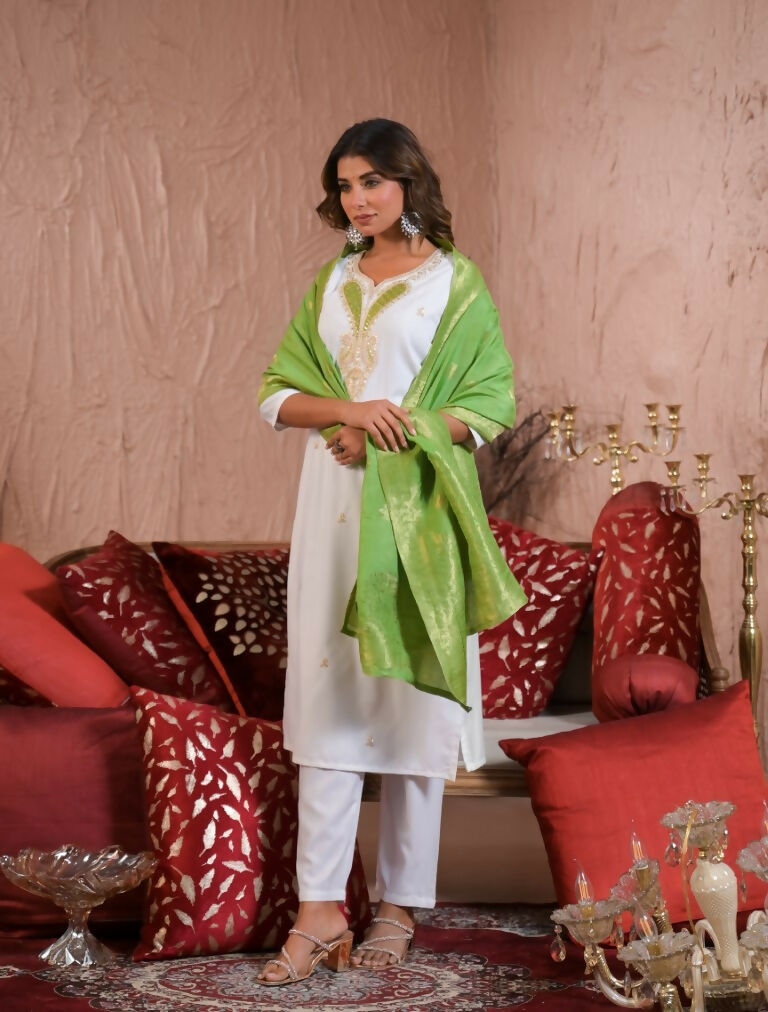 Ethnic Festive Wear Viscose blend Off White Stitched Suit With Dupatta - Tanisha | Grocsy
