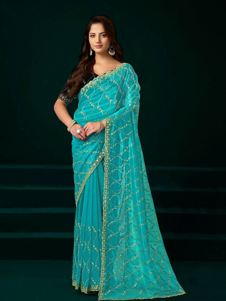 Joban Fashion Turquoise Net Party Wear Sarees | Grocsy