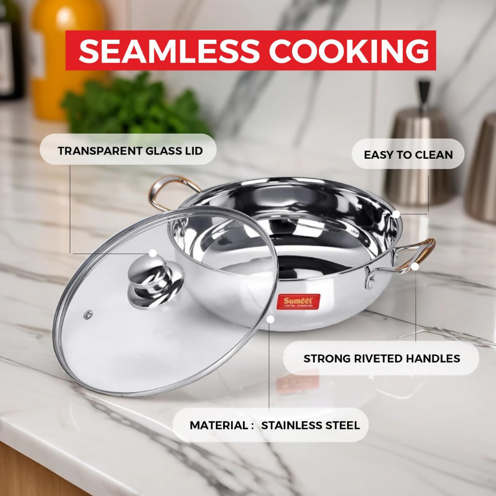 Sumeet Stainless Steel Induction Bottom Kadhai with Glass Lid | Grocsy