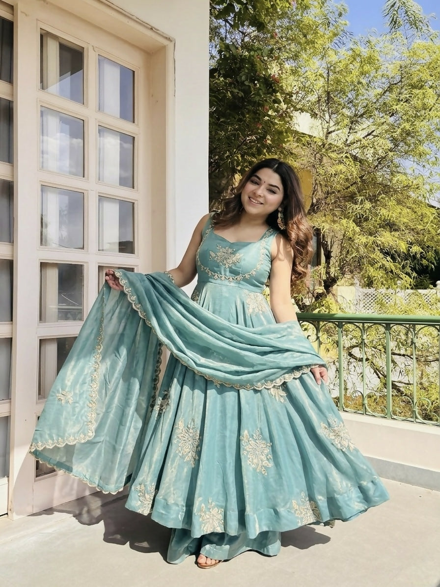 Teeya Creation New Womens Trendy Embroidery Sequence Work Sky-Blue Kurta Set | Grocsy