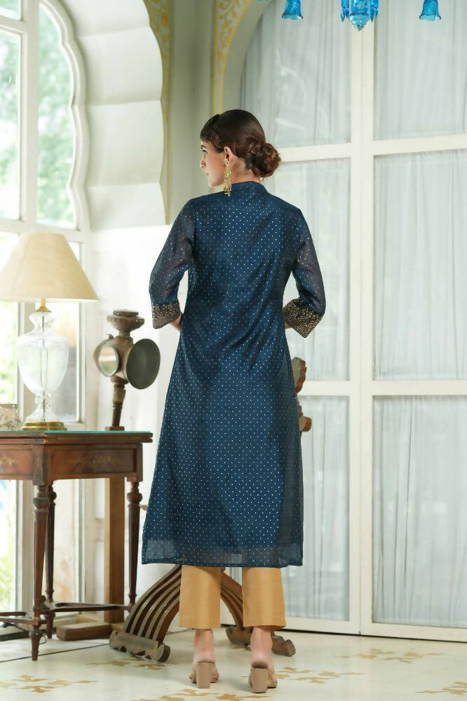 Juniper Blue Chanderi Festive Embroidered Polka Dot Printed A-Line Kurta For Women | Grocsy