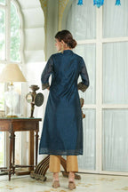 Juniper Blue Chanderi Festive Embroidered Polka Dot Printed A-Line Kurta For Women | Grocsy
