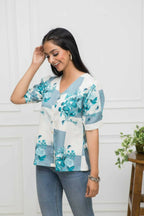 Myshka Women White Floral V-Neck Flutter Sleeves Viscose Rayon Top | Grocsy