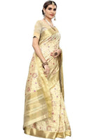 Vamika Weaving Cream Cotton Polyester Silk Saree (Kerala Floral) | Grocsy