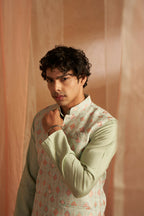 Pista Viscose Designer Printed Men's Kurta Set with Koti - Mahotsav | Grocsy