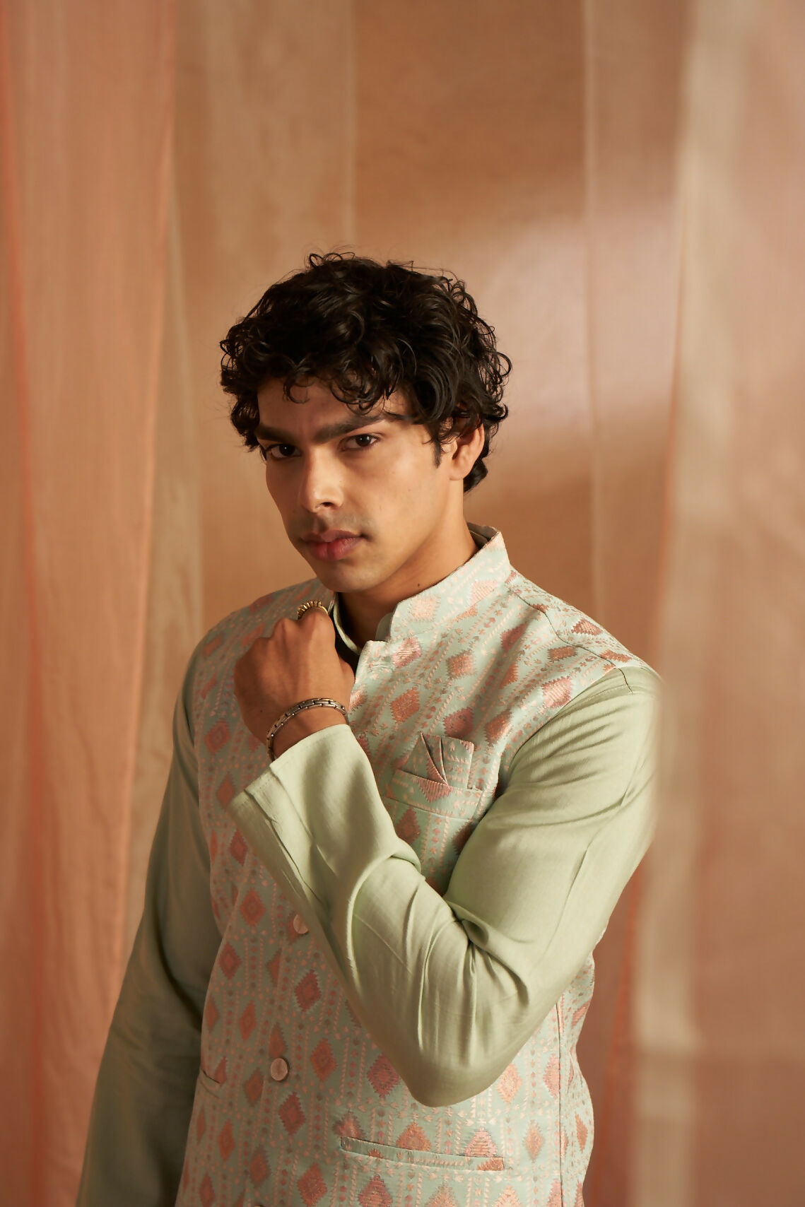 Pista Viscose Designer Printed Men's Kurta Set with Koti - Mahotsav | Grocsy