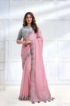 Pink Crepe satin silk Cord & Sequence Embroidered with Stone work Saree - Mohmanthan Majestica | Grocsy
