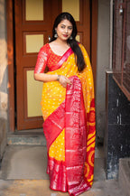 Yellow Jute Silk Printed Saree with Unstitched Blouse - Hiral Fashion | Grocsy