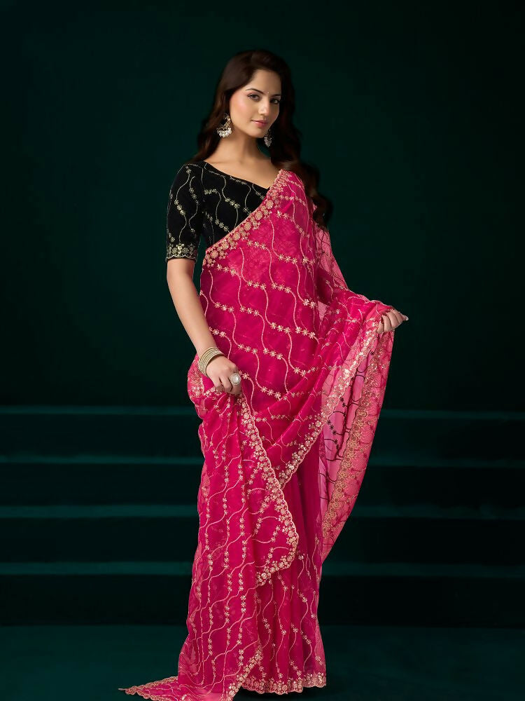 Joban Fashion Rani Pink Net Party Wear Sarees | Grocsy