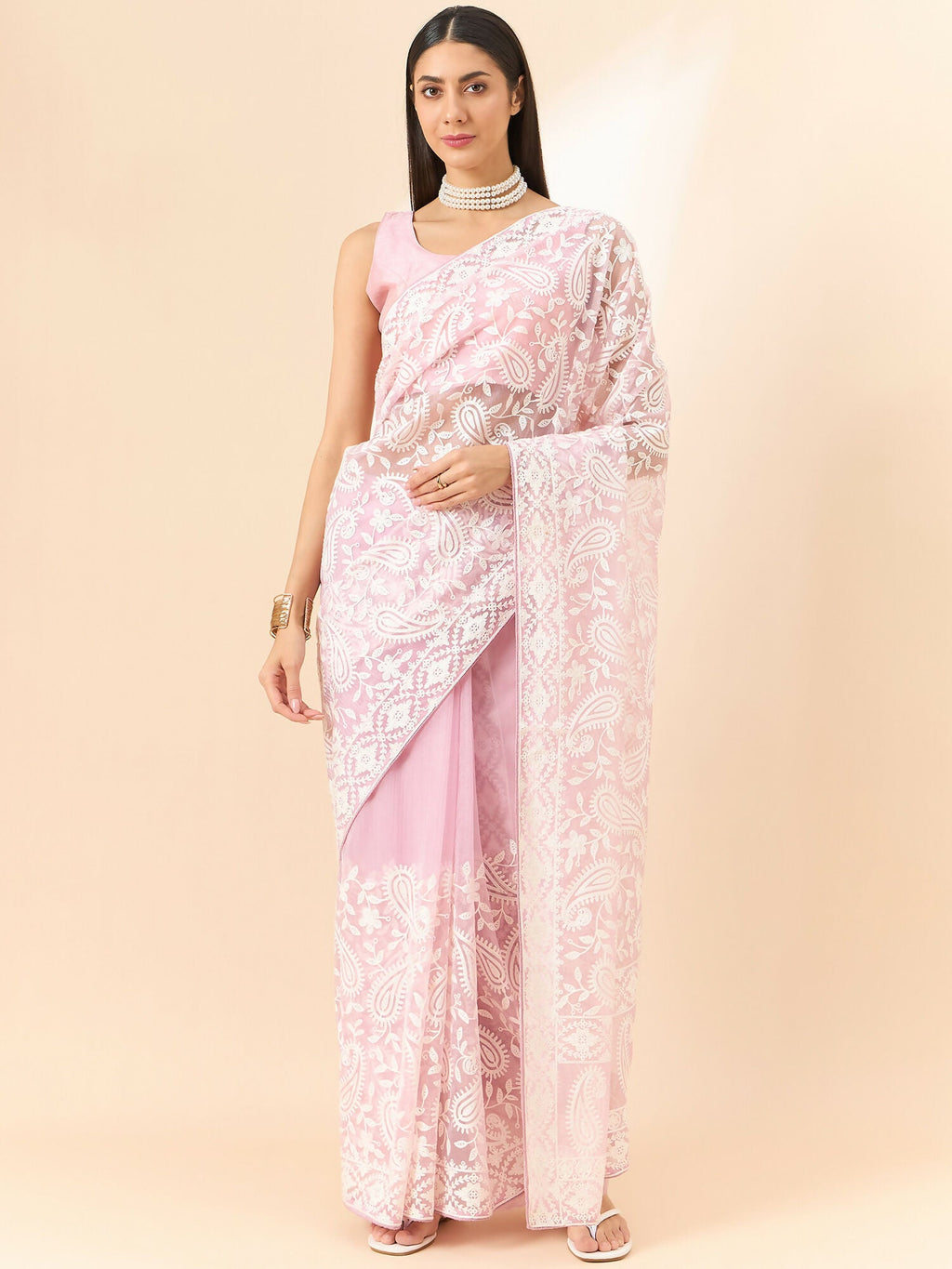 Purple Organza Paisely Embroidered Saree with Unstitched Blouse Piece - Roozal | Grocsy