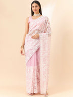 Purple Organza Paisely Embroidered Saree with Unstitched Blouse Piece - Roozal | Grocsy