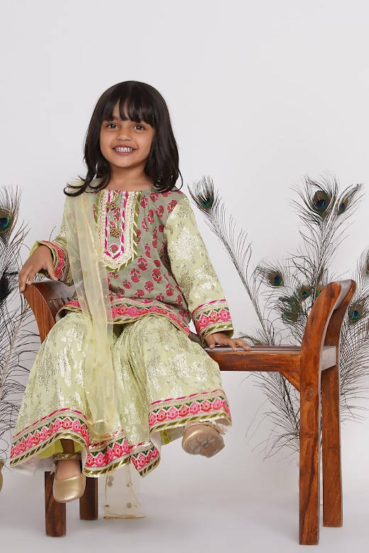 Little Bansi Girls Banarsi Cotton Turkish Lacework Kurta with Foil Sharara & Dupatta - Green | Grocsy