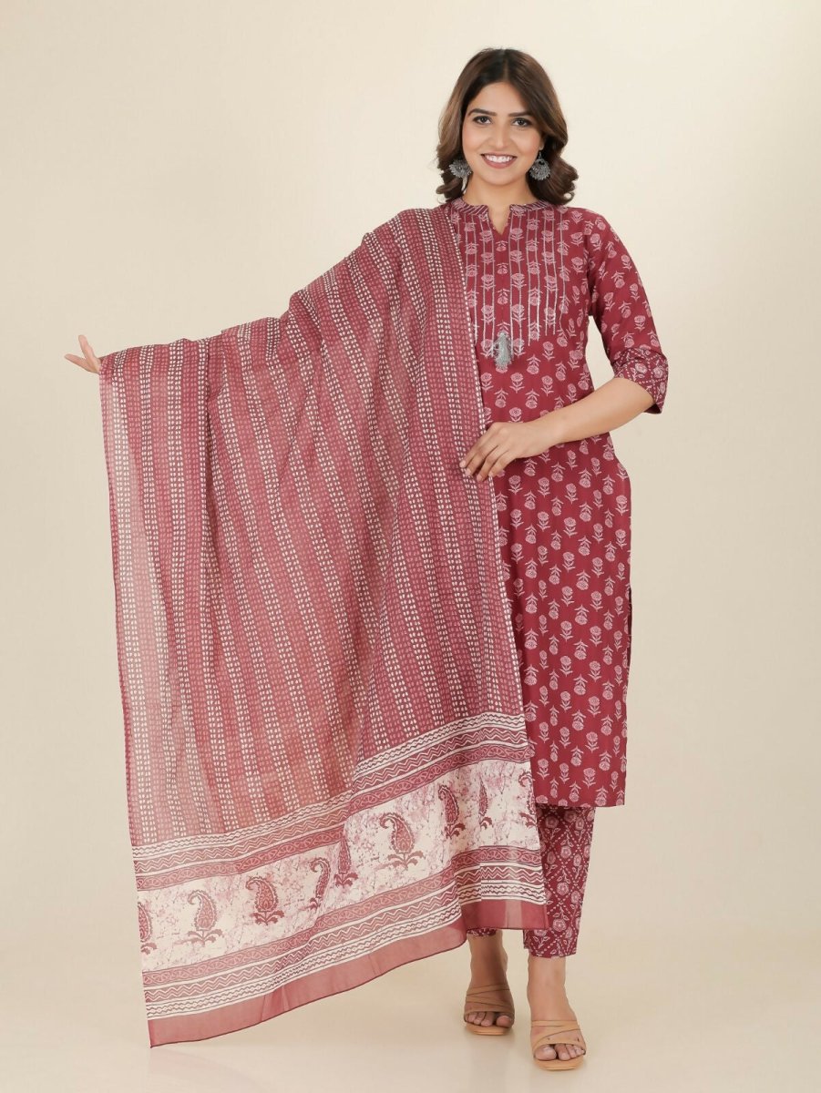 Aramya Straight Soft Cotton Block Print Women's Kurta Set - Pink | Grocsy