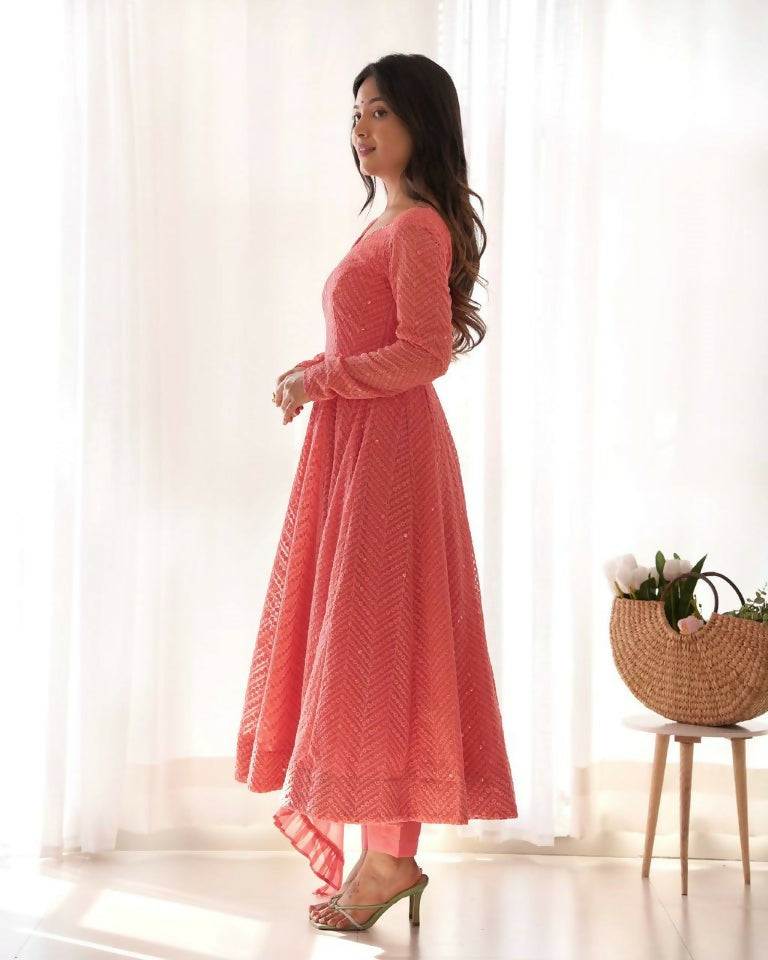 Teeya Creation Peach Color Heavy Embroidery Work Georgette Fabric Wedding Wear Gown | Grocsy