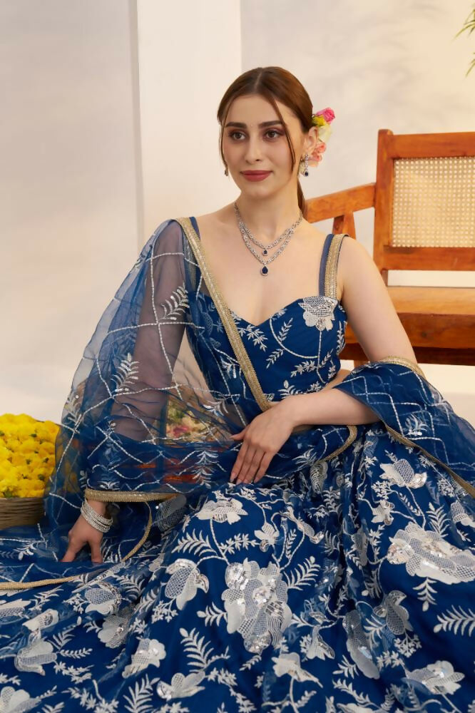 Aastha Fashion More Peach Blue Butterfly Net White Cotton Thread Work And Sequence Work Embroidery Wedding Wear Lehenga Choli | Grocsy
