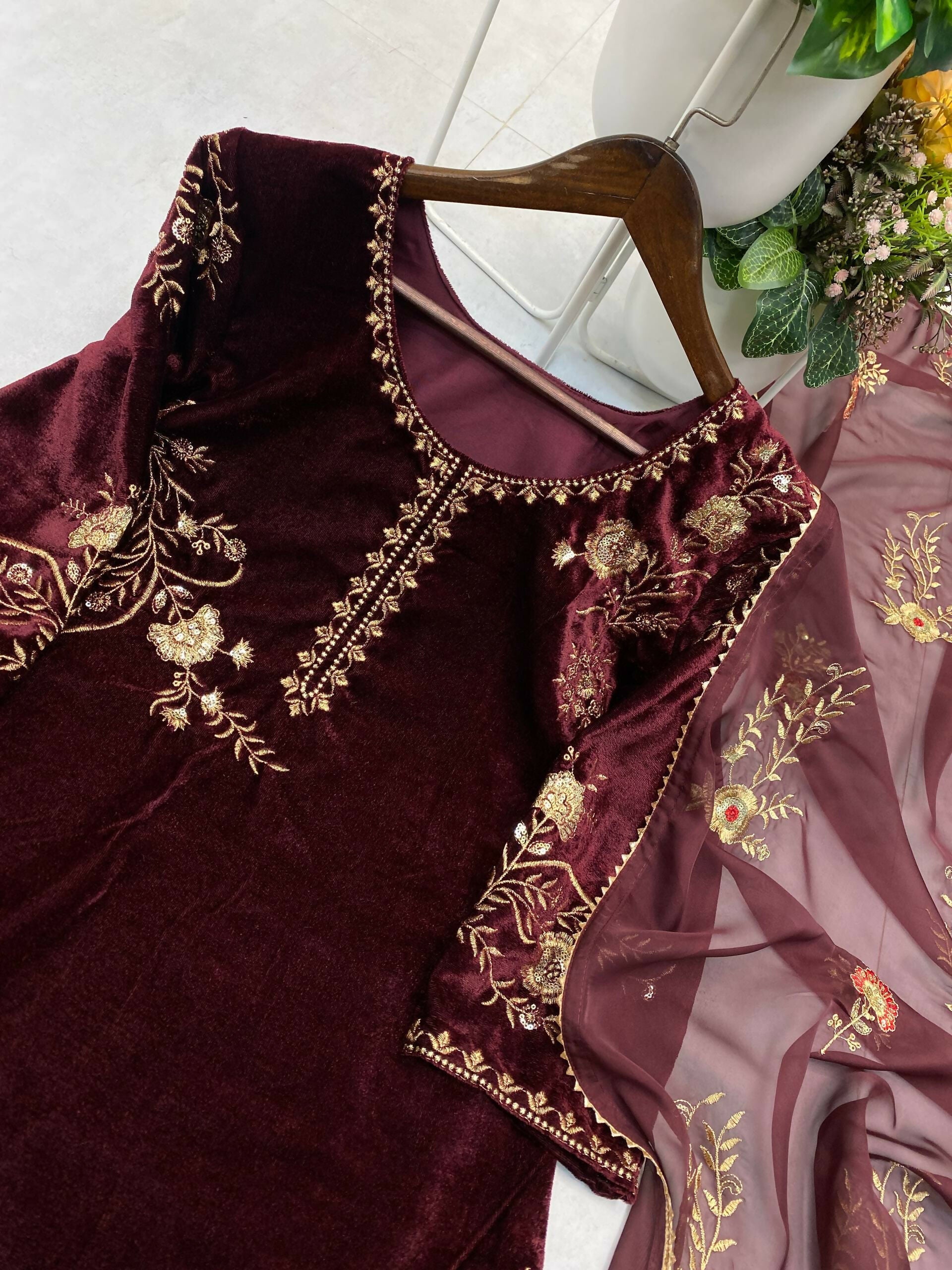 Vastranavya Wine Velvet Sequence Embroidery Work Kurta & Palazzo With Dupatta | Grocsy