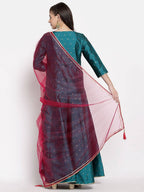 Myshka Women's Green Silk Solid 3/4 Sleeve V Neck Casual Anarkali Kurta Dupatta Set | Grocsy