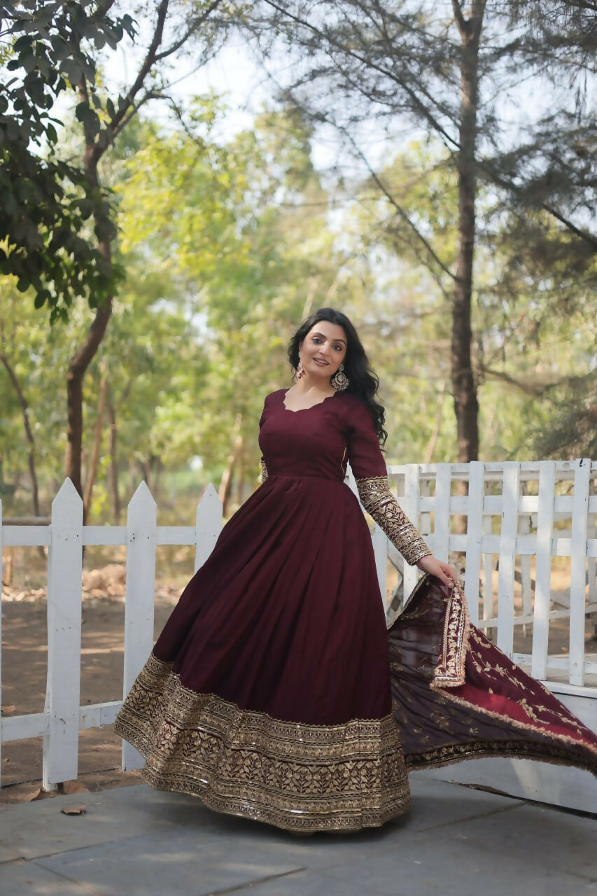 Vastranavya Premium Vichitra Shimmer with Rich Sequins Embroidered work Gown & Dupatta - Dark Maroon | Grocsy