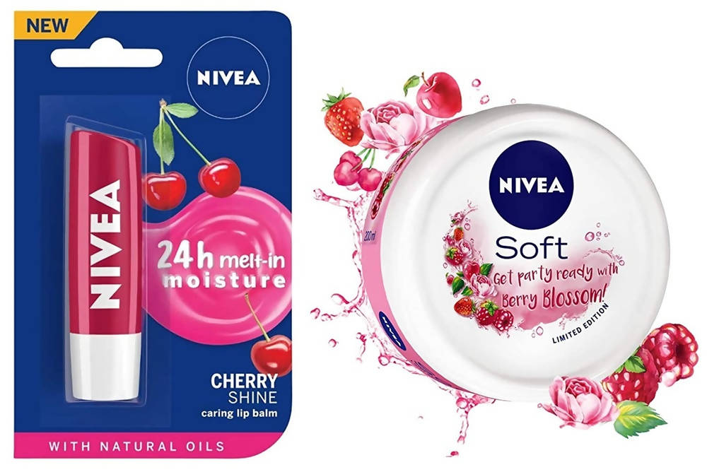Nivea Cherry Shine Lip Balm And Soft Berry Blossom Cream | Grocsy