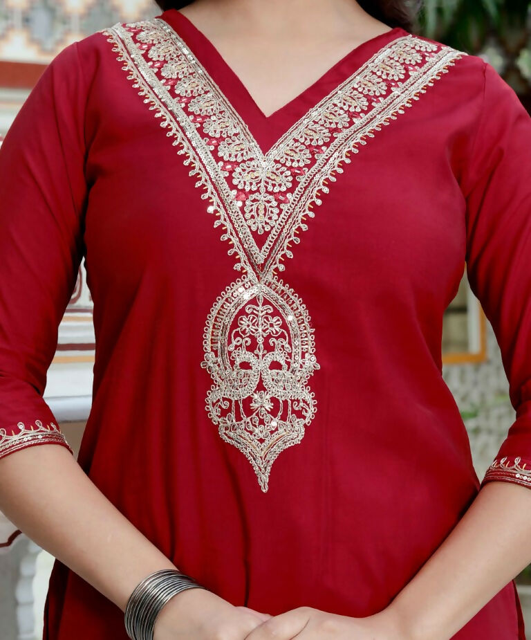Miravan Women's Embroidered Pure Silk Red Kurta with Palazzo and Dupatta | Grocsy