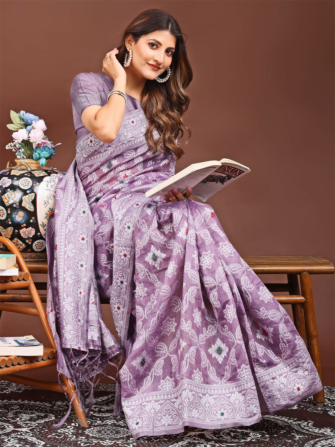 Shree Shyam Fashion Pankhuri Purple Linen Cotton Saree | Grocsy