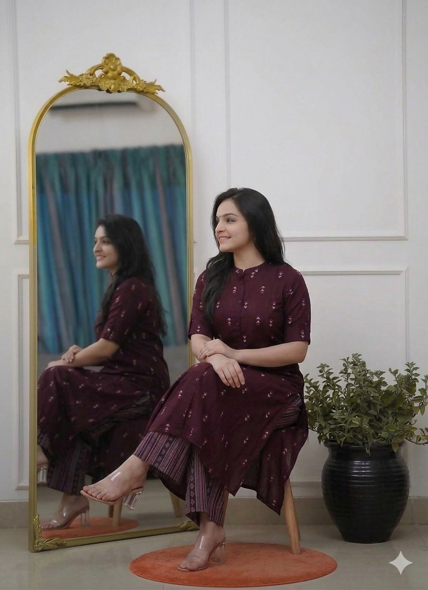 Teeya Creation Sophisticated Wine Colored Straight Kurta With Printed Palazzo Set | Grocsy