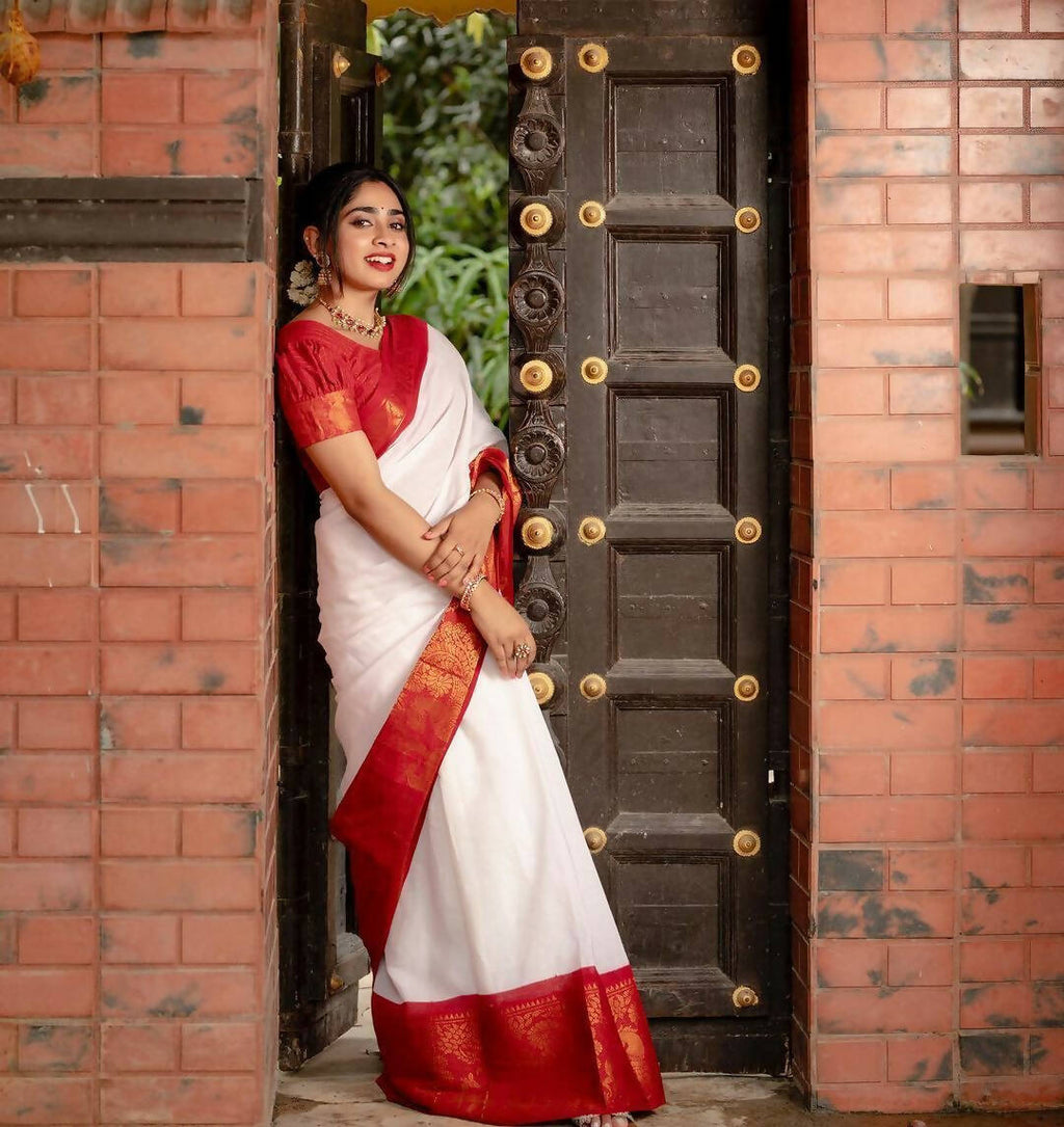 DEIANA'S Beautiful Designer Golden zari Soft Lichi Silk Saree - White | Grocsy