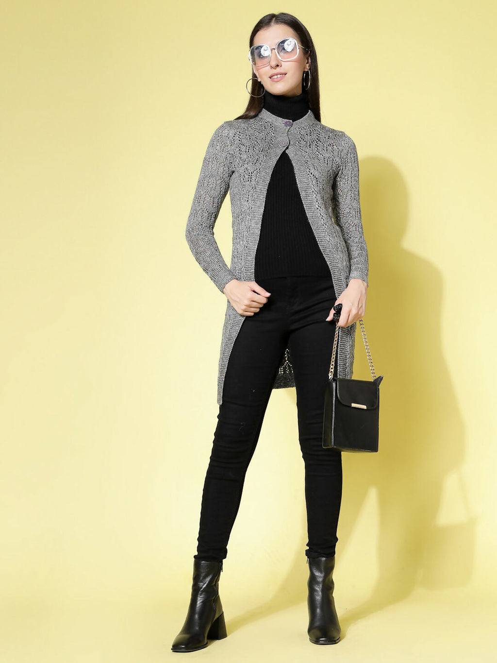 Women Self Design Long Grey Acrylic Winter Shrug - Wool Trees | Grocsy