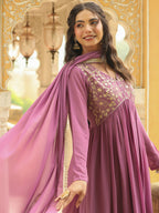 Janasya Lavender Georgette Yoke Embroidery Kurta,Bottom & Dupatta | Grocsy