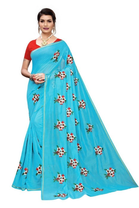 Vamika Chanderi Cotton Embroidery Sky Blue Saree (MOGRA SKYBLUE) | Grocsy