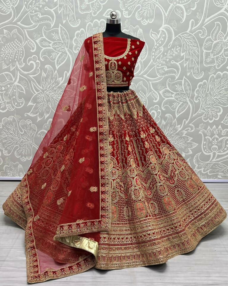 Jyoti Fashion Women's Red Velvet Multi Thread Embroidered with Zircon Diamond Wedding Lehenga Choli | Grocsy
