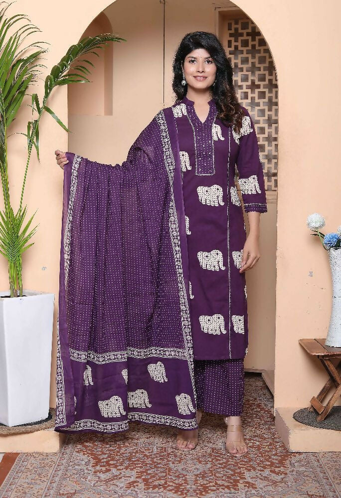 Miravan Womens Purple Cotton Animal Print Kurta With Palazzo And Dupatta | Grocsy