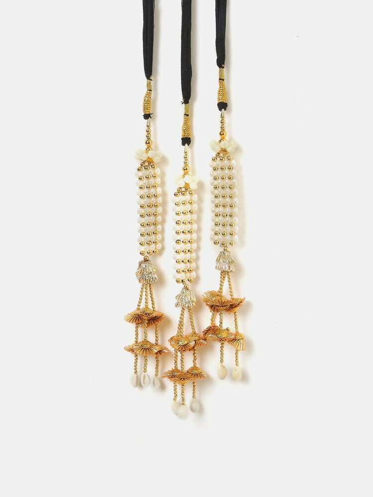 Ruby Raang Gold Gota Pati Work And Threads With Pearrls And Black Thread And Shells | Grocsy