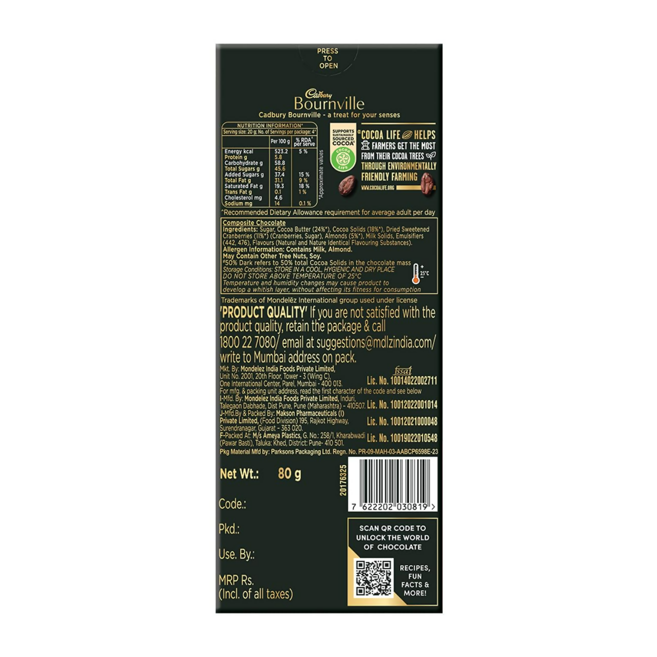 Cadbury Bournville Cranberry Dark Chocolate Bar | Grocsy