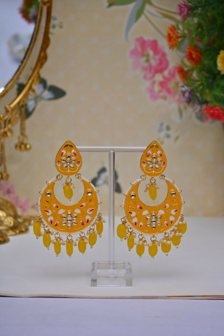 Yellow Gold-Polished Brass & Pearl Dangle Women Earrings| Hand Painted Meenakari Chandbali Traditional Ethnic Wear Earrings By House of Ree - Swadesiicart