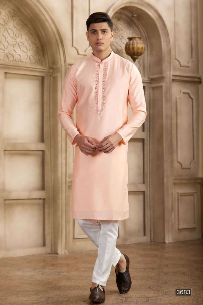 Raivat Ethnic Banarasi Art Silk Mirror Work Kurta Pajama In Pink Colour | Grocsy